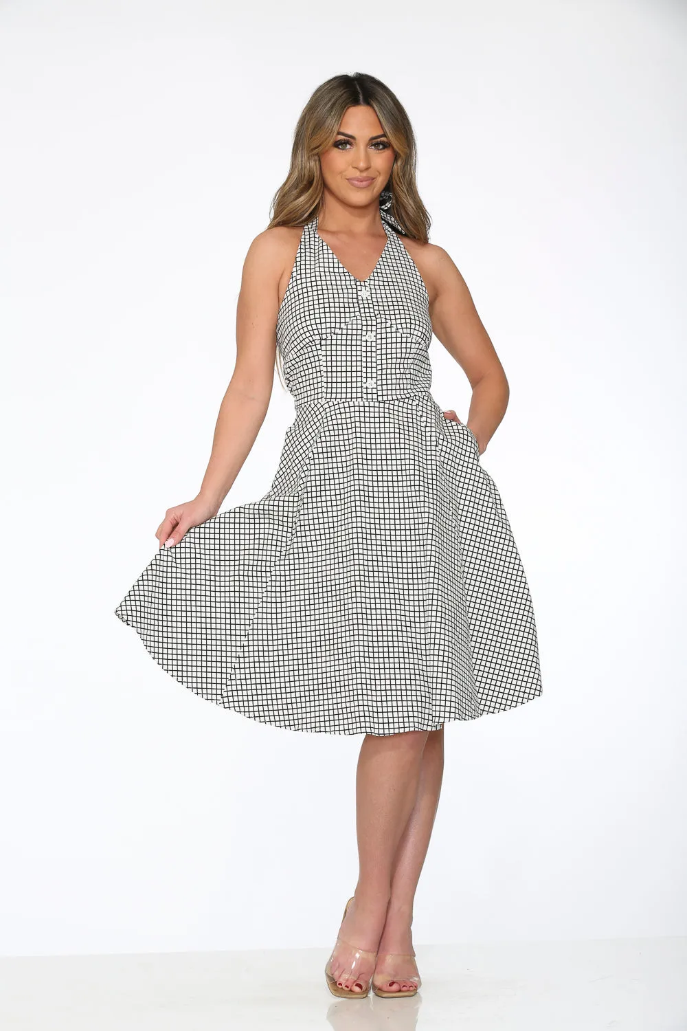White & Black Checkmate Halter Swing Dress sold by Modcloth