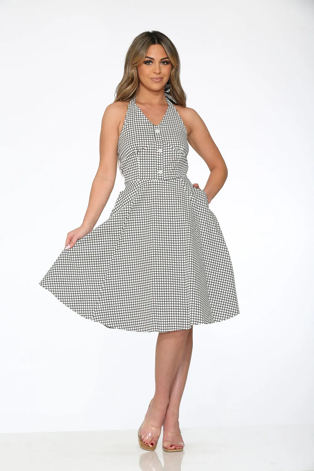 White & Black Checkmate Halter Swing Dress sold by Modcloth product image thumbnail 3