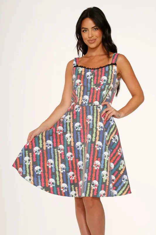 Black Skulls Rainbow Swing Dress sold by Modcloth
