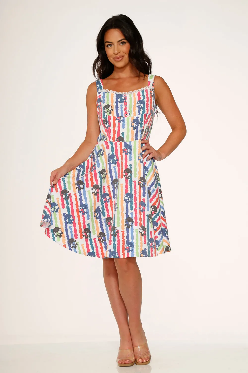 White Skulls Rainbow Swing Dress sold by Modcloth