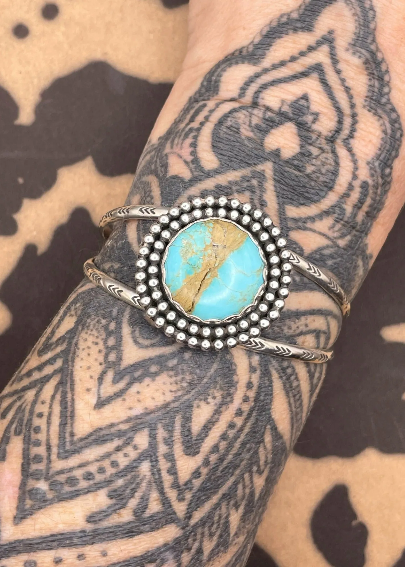 Sterling Silver Round Stone Turquoise Cuff Bracelet sold by Modcloth