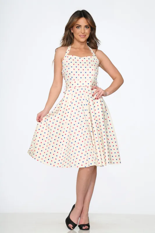 23232 White Candy Dot Halter Swing Dress sold by Modcloth