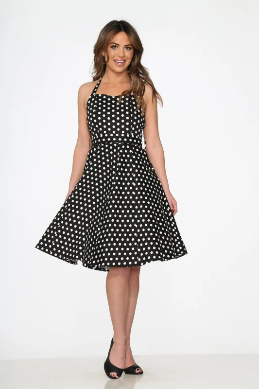 Black & White Polka Dot Halter Swing Dress sold by Modcloth