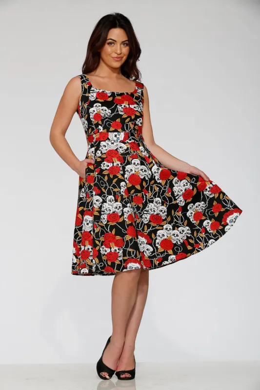 Black & Red Rose Skulls Swing Dress sold by Modcloth