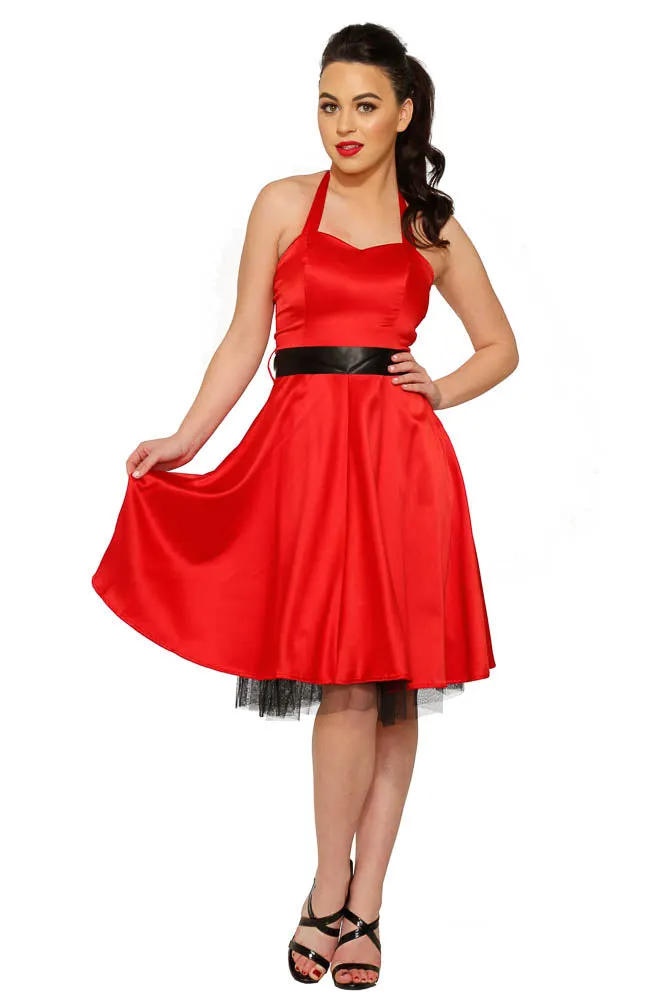 Red Satin Halter Swing Dress sold by Modcloth
