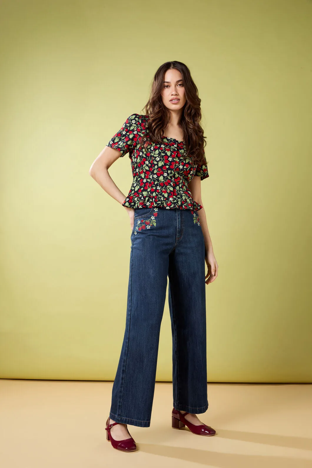 Raspberry Embroidered Jean sold by Modcloth