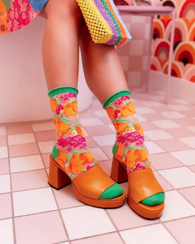 Orange Floral Sheer Crew Sock sold by Modcloth