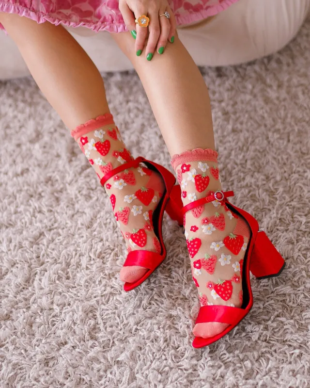 Strawberry Daisy Ruffle Sheer Crew Sock sold by Modcloth