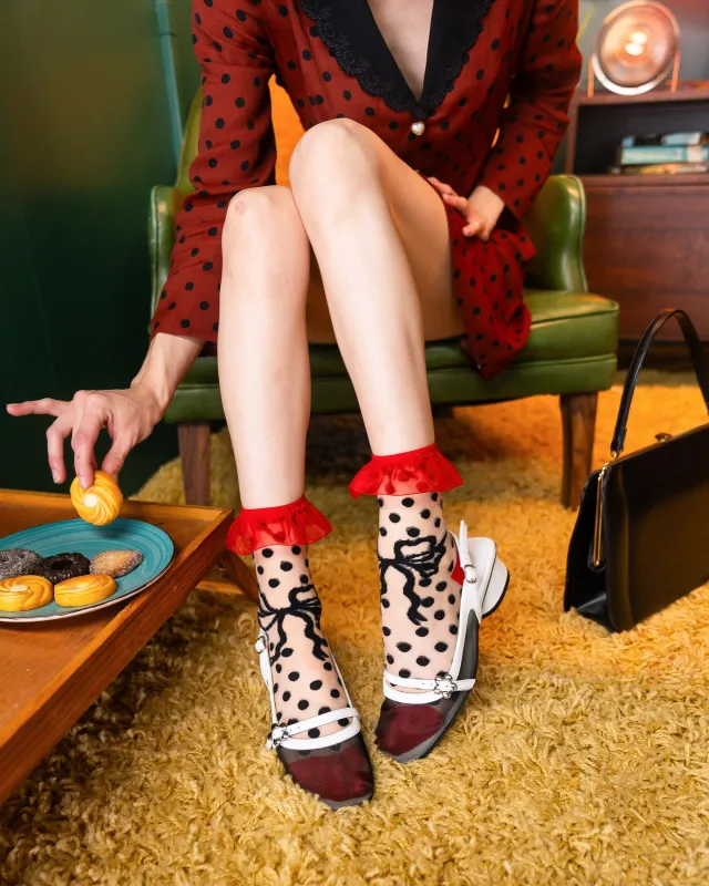 Polka Dot Bow Ruffle Sheer Crew Sock sold by Modcloth