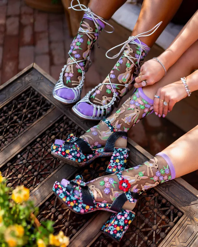 Rabbit Floral Black Sheer Crew Sock sold by Modcloth