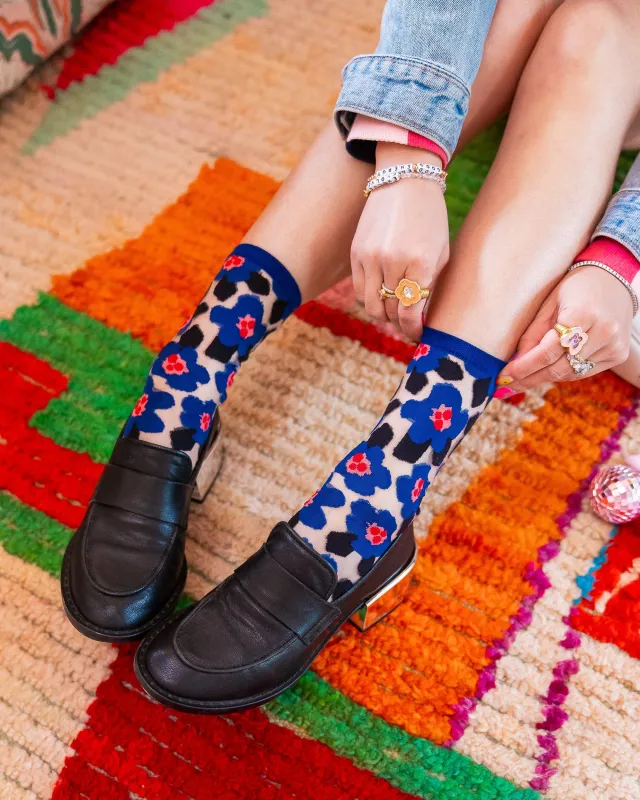 Bold Blue Floral Sheer Crew Sock made by Modcloth