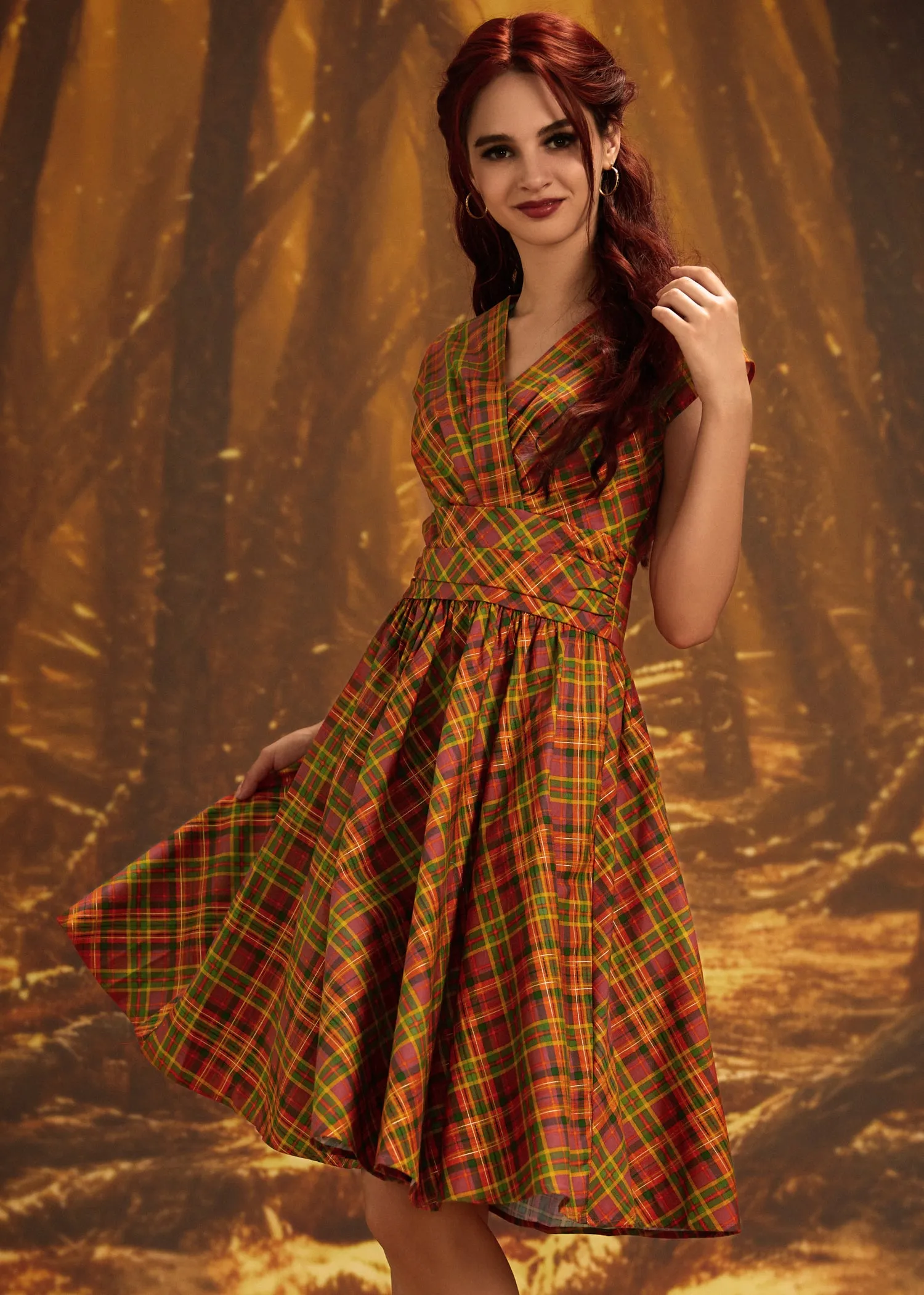 Greta Surplice Dress in Orange Plaid sold by Modcloth