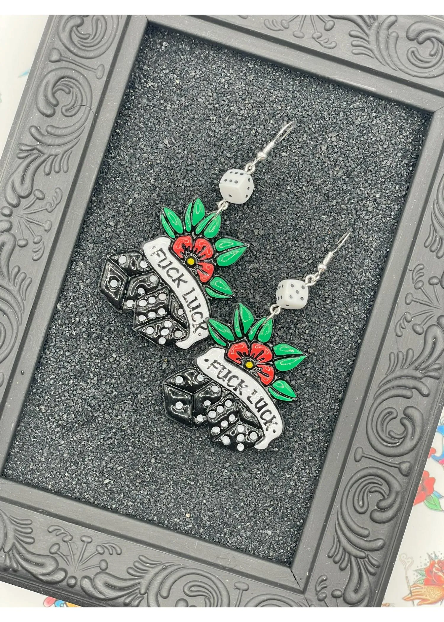 Tattoo Love Fuck Luck Dice Earrings sold by Modcloth product image thumbnail 3