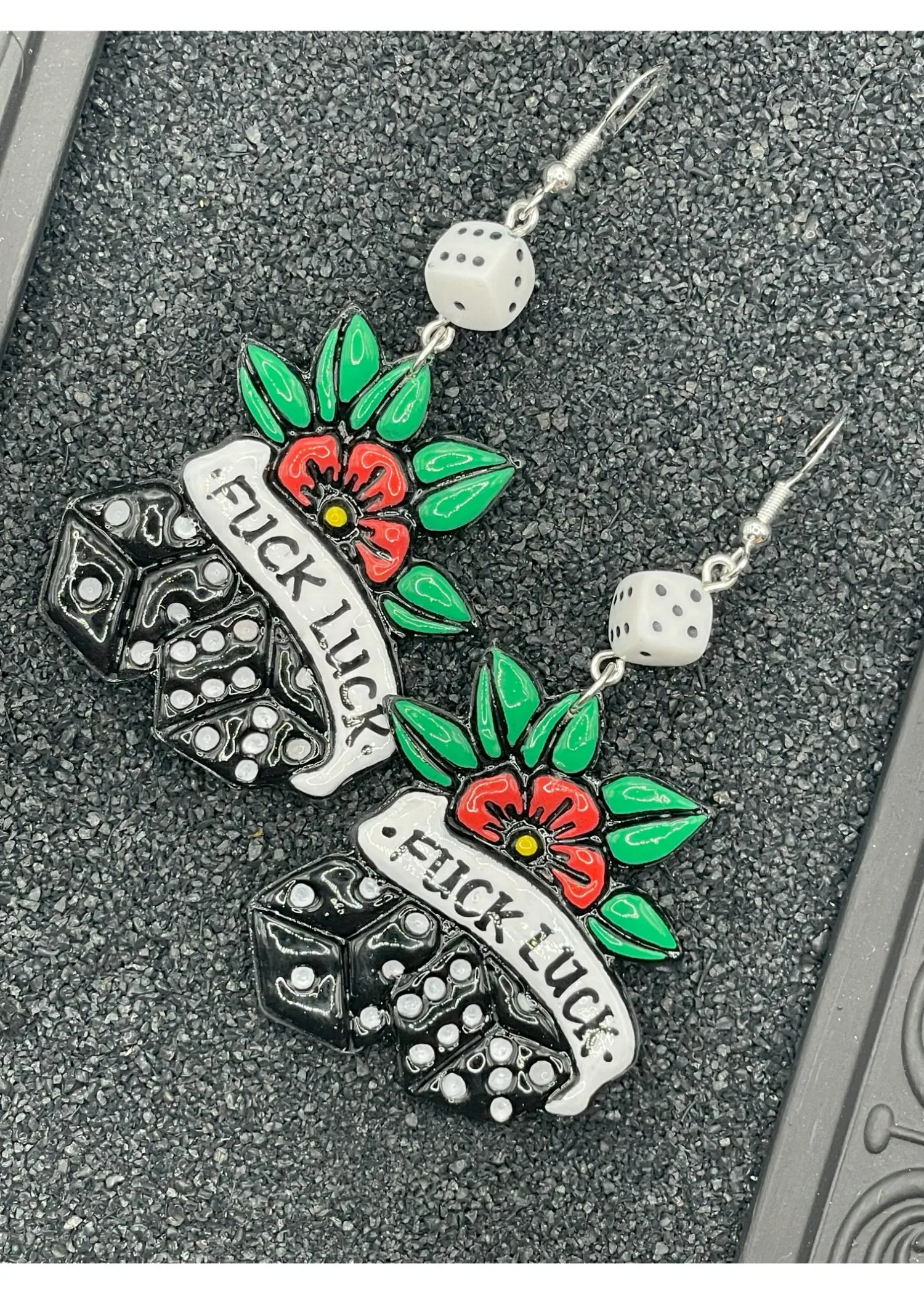 Tattoo Love Fuck Luck Dice Earrings sold by Modcloth