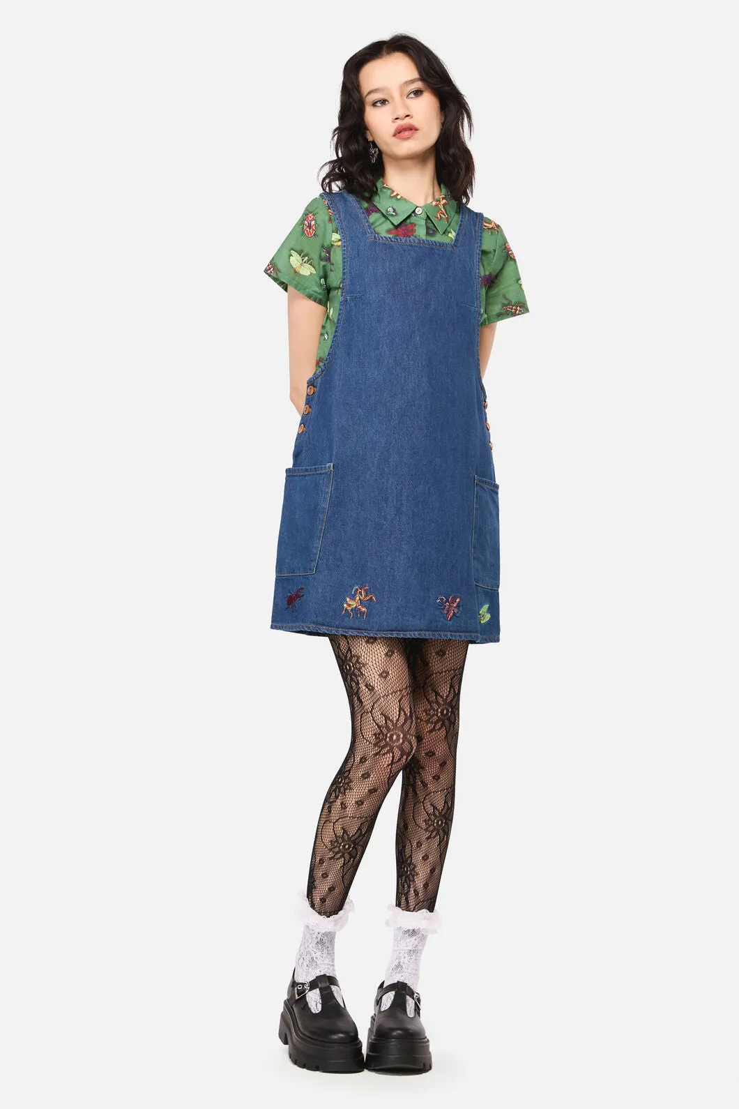 Bugs Galore Embroidered Pinafore sold by Modcloth