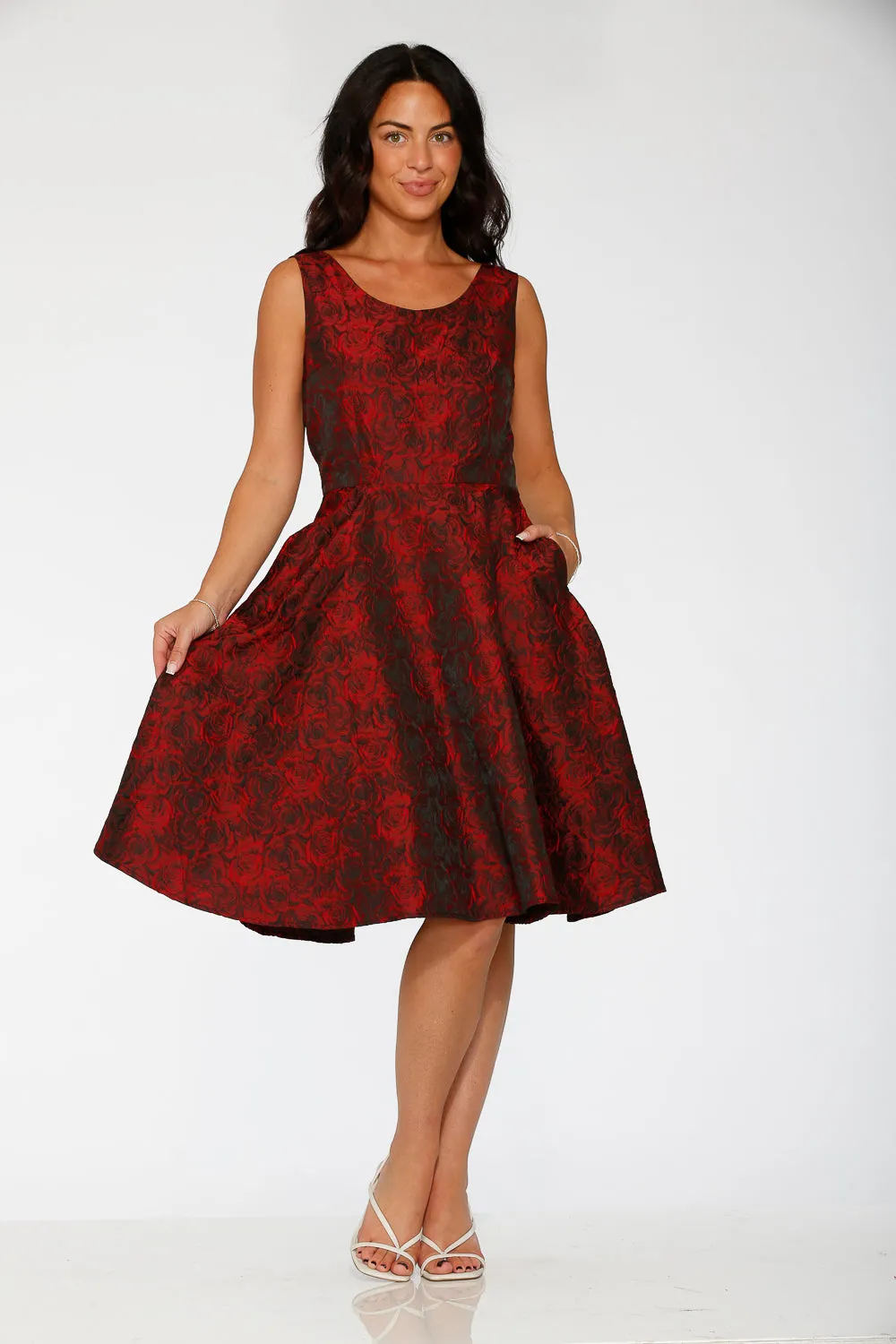 Black & Red Rose Brocade Floral Swing Dress sold by Modcloth