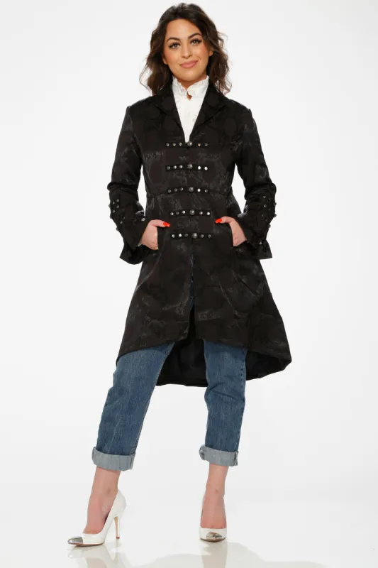 Black Brocade High-low Coat sold by Modcloth