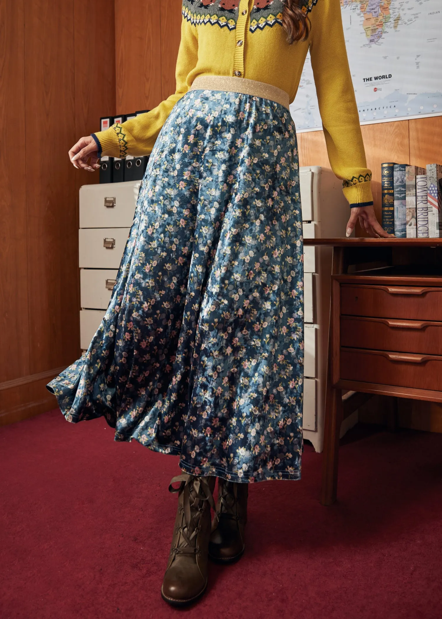 Golden Whispers Velvet Maxi Skirt sold by Modcloth