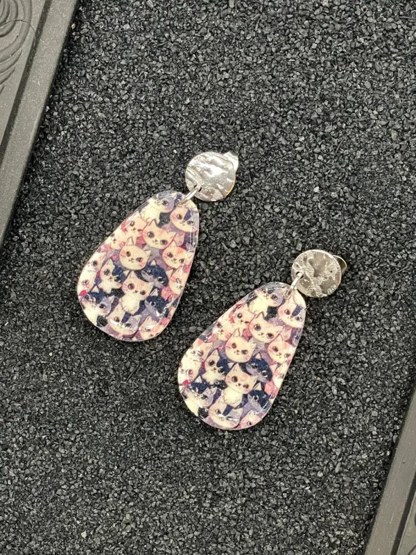 Cat Print Teardrop Dangle Earrings sold by Modcloth