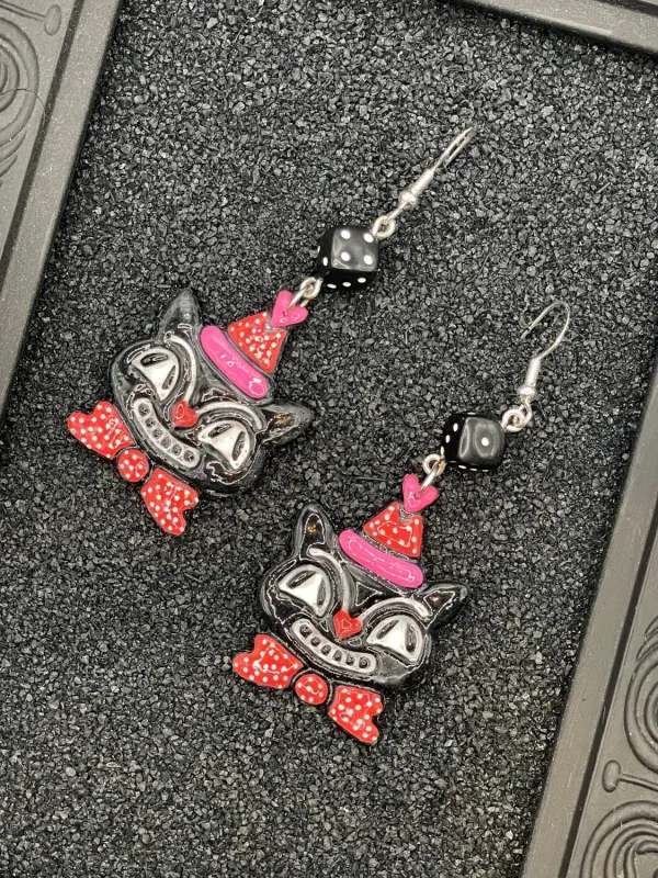Retro Black Cat with Party Hat Earrings sold by Modcloth