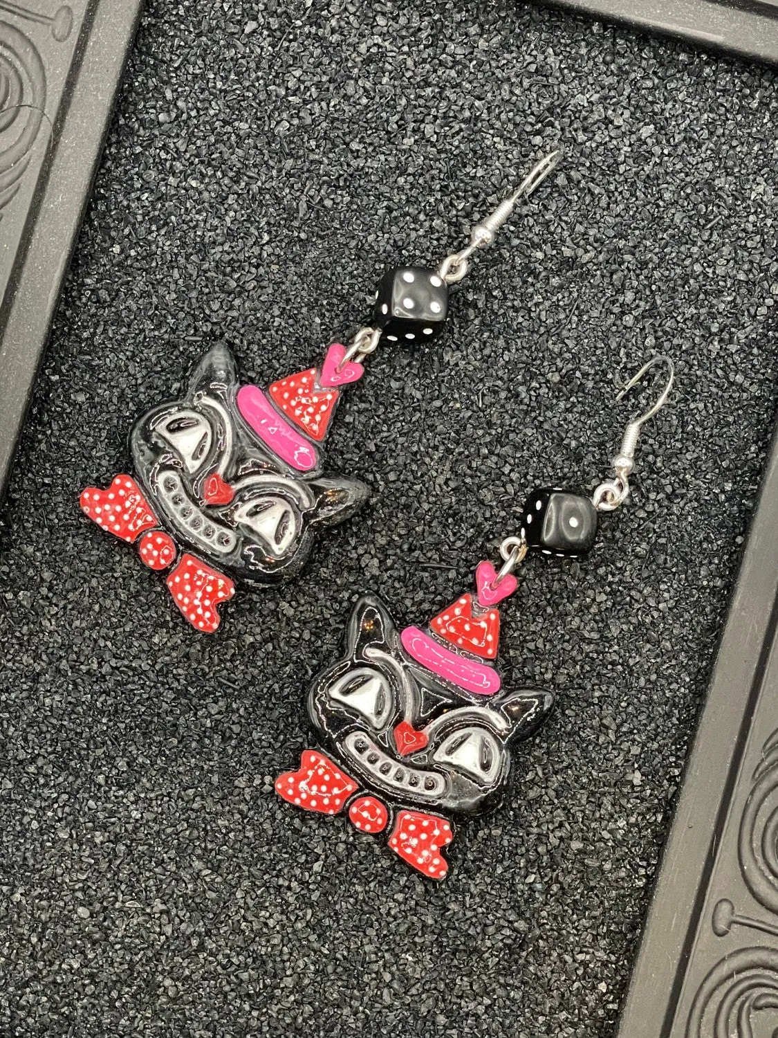 Retro Black Cat with Party Hat Earrings sold by Modcloth
