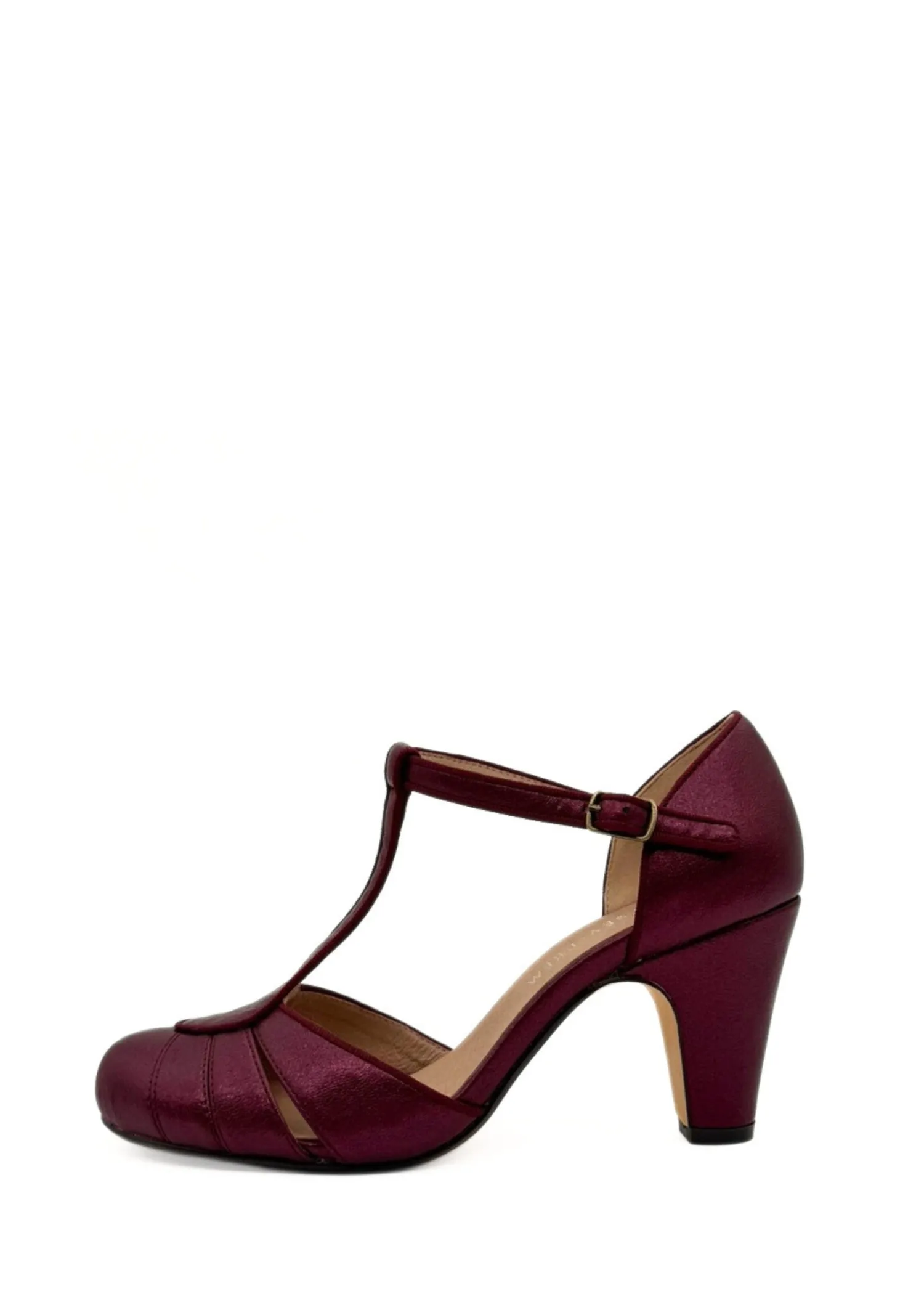 Mulberry Metallic T-Strap Heels Burgundy sold by Modcloth