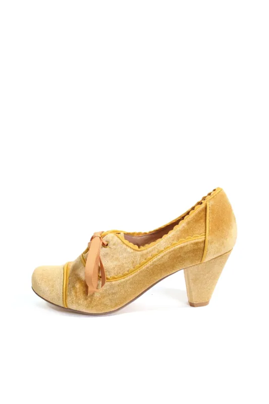 Madison Velvet Retro Heels Mustard sold by Modcloth