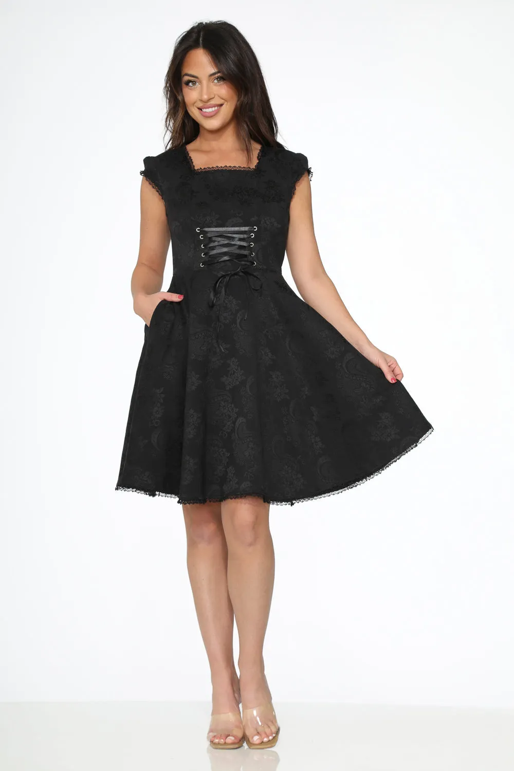 Black Brocade Gothic Swing Dress sold by Modcloth