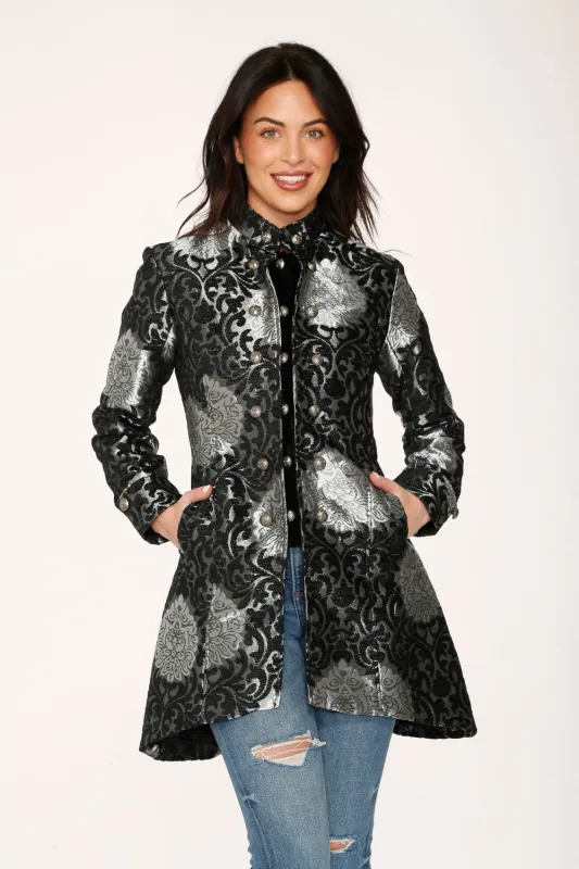 Silver & Black Brocade Coat sold by Modcloth