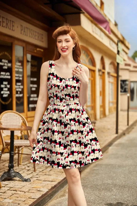 Shorter Length Retro Fit & Flare Dress Dogs in Santa Hats made by Retrolicious