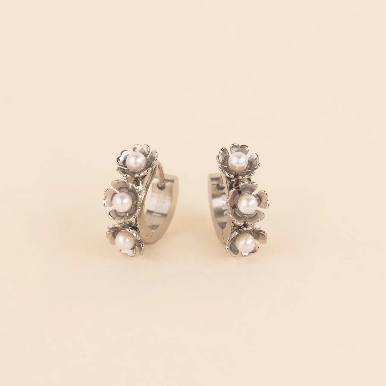 Pearl Flower Chunky 3D Huggie Hoop Earrings sold by Modcloth product image thumbnail 3