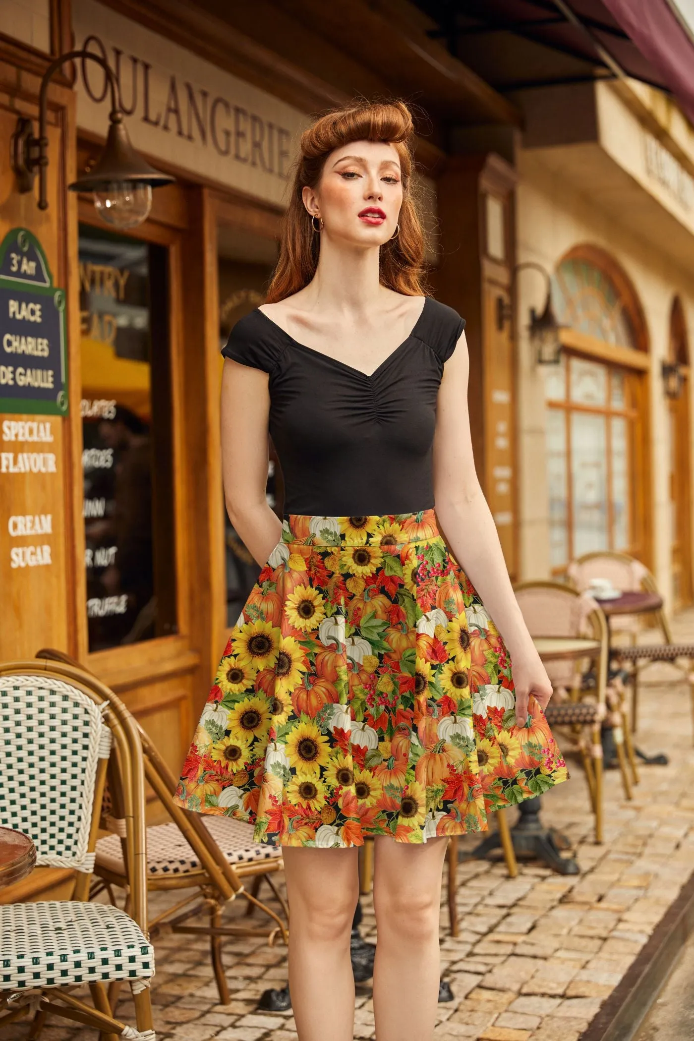 Sunflower & Pumpkin Skater Skirt sold by Modcloth