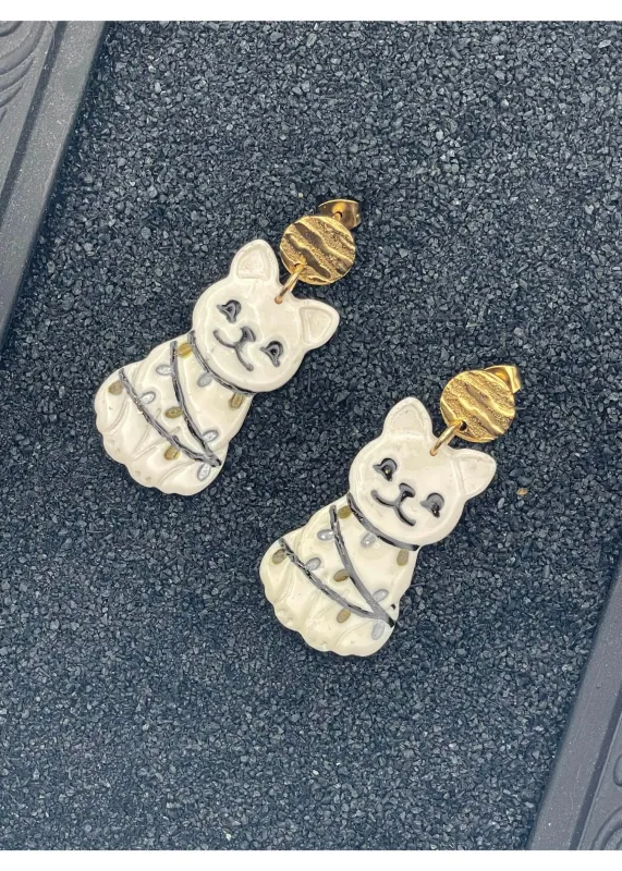 Holiday Cat Wrapped in Lights Earrings - Gold sold by Modcloth