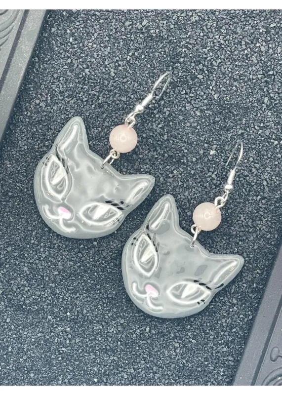 Pretty Kitty Cat Face Earrings with Rose Quartz sold by Modcloth