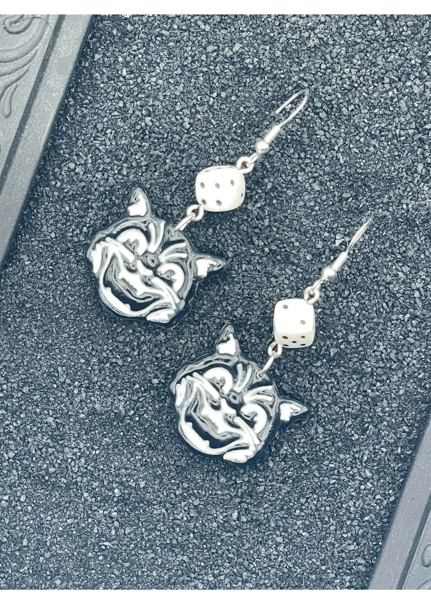 Retro Black Cat with White Dice Earrings sold by Modcloth