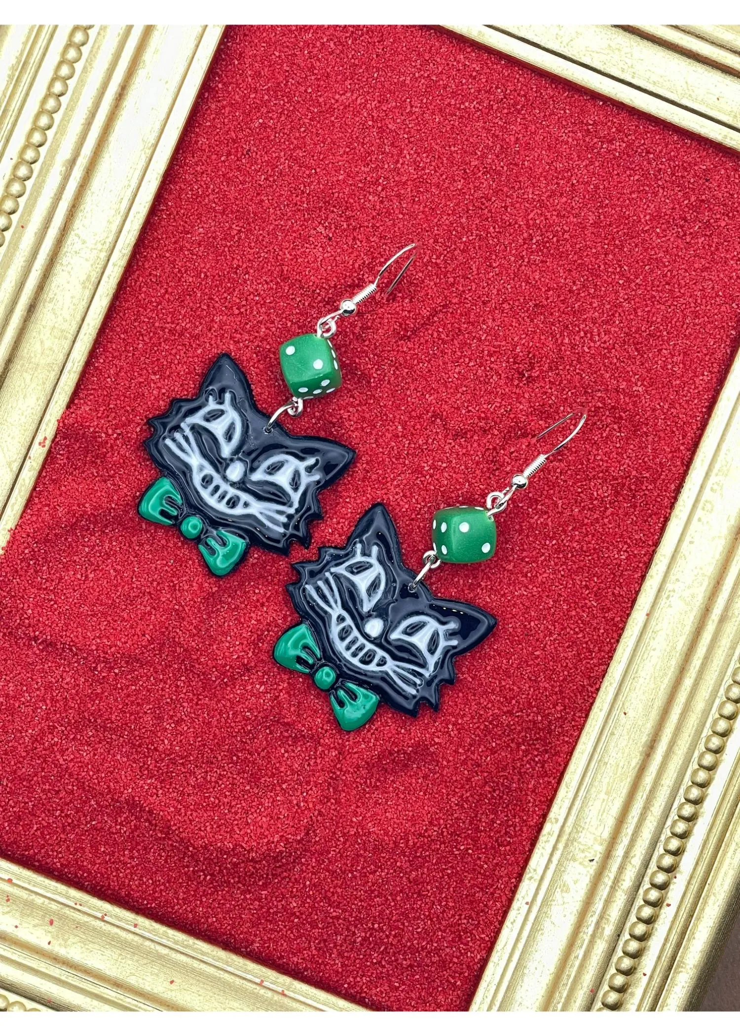 Retro Cat with Green Bowtie Dice Earrings sold by Modcloth product image thumbnail 3
