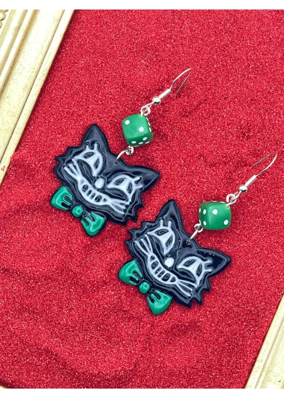 Holiday Retro Cat with Green Bowtie Dice Earrings sold by Modcloth