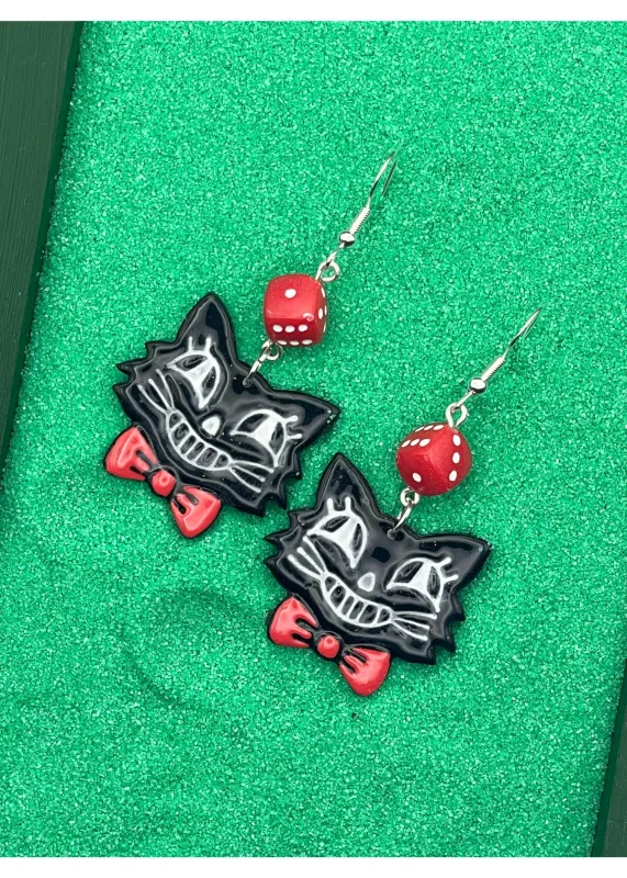 Retro Cat with Red Bowtie Dice Earrings sold by Modcloth