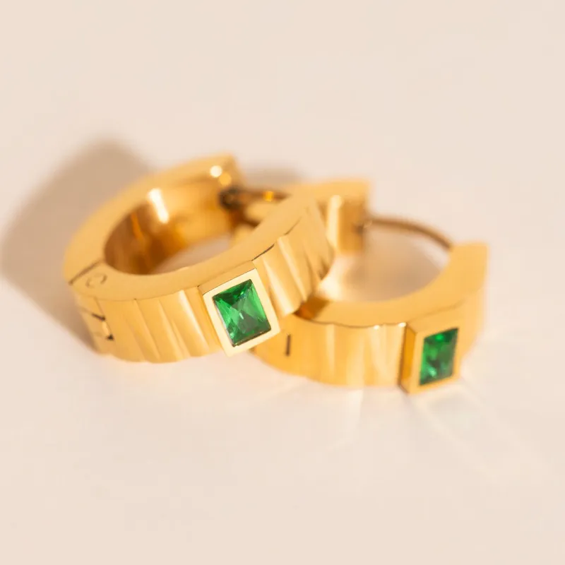 Textured Emerald Crystal Chunky Huggie Hoop Earrings made by Modcloth