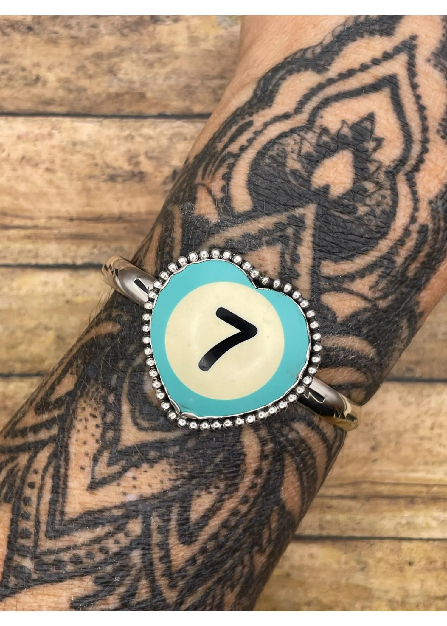 Sterling Silver Heart Cuff Turquoise Billiard Ball Lucky #7 sold by Modcloth product image thumbnail 3