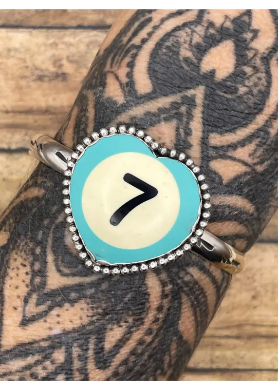 Sterling Silver Heart Cuff Turquoise Billiard Ball Lucky #7 sold by Modcloth