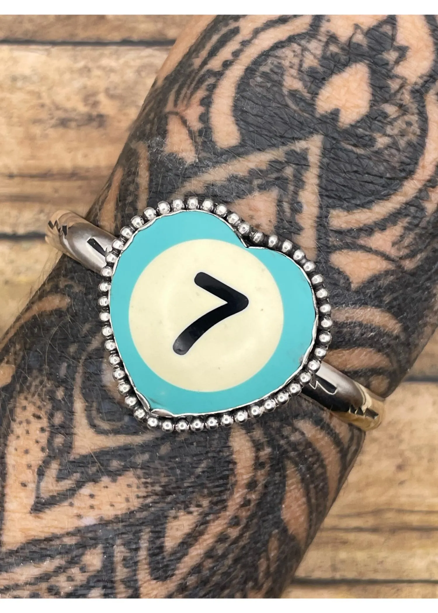 Sterling Silver Heart Cuff Turquoise Billiard Ball Lucky #7 sold by Modcloth