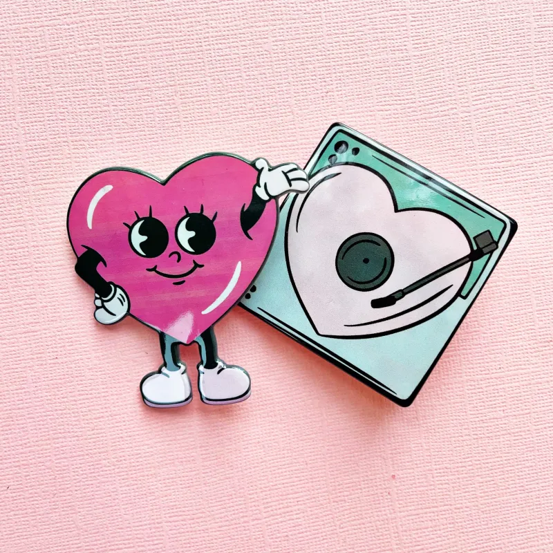 Retro Heart Character & Record Player Hair Clip Set sold by Modcloth