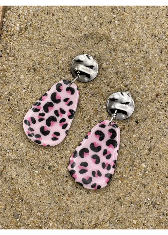 Pink Leopard Print Teardrop Dangle Earrings sold by Modcloth