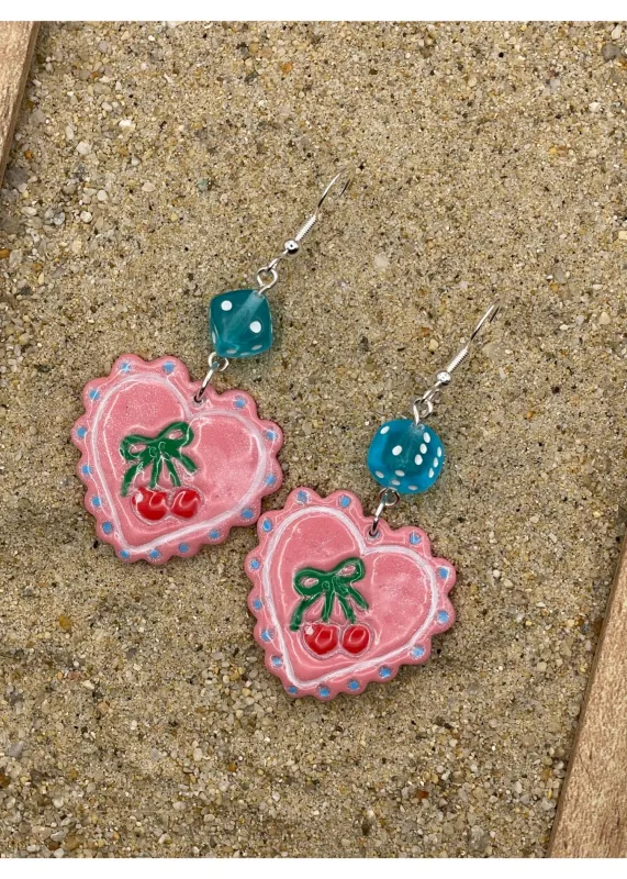 Dice Heart Earrings with Cherry Imprint sold by Modcloth