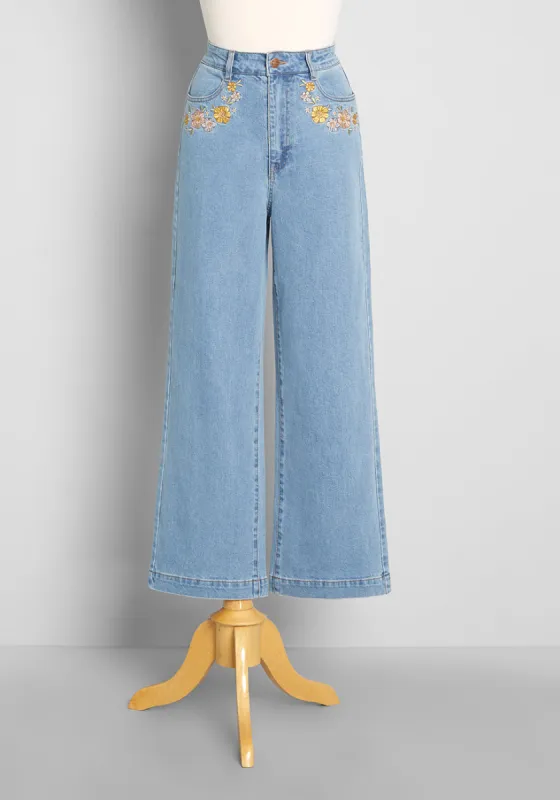 Dalliance Of Daisies Embroidered Wide-Leg Jeans made by Princess Highway