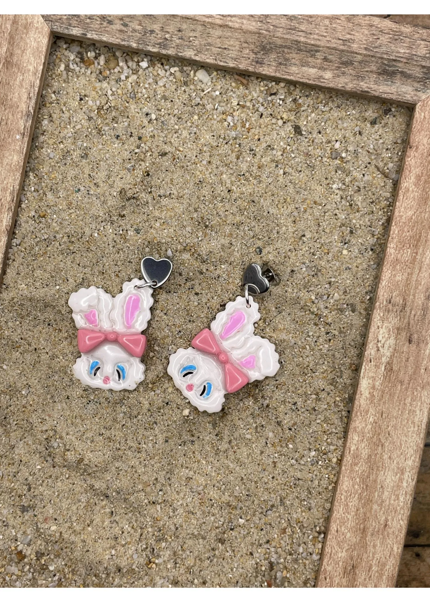 White Fluffy Easter Bunny Earrings with Pink Bow sold by Modcloth product image thumbnail 3