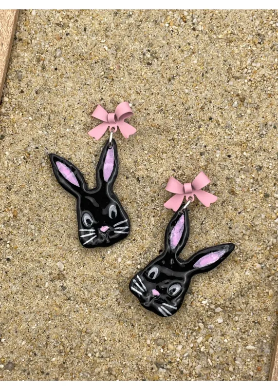 Easter Bunny Earrings with Pink Bow - Black sold by Modcloth