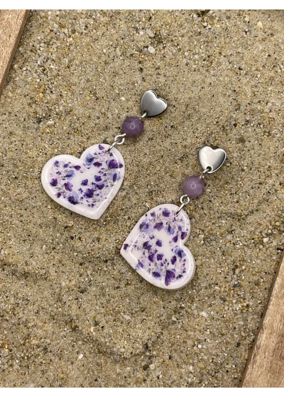 Floral Print Heart Dangle Earrings - Lavender sold by Modcloth