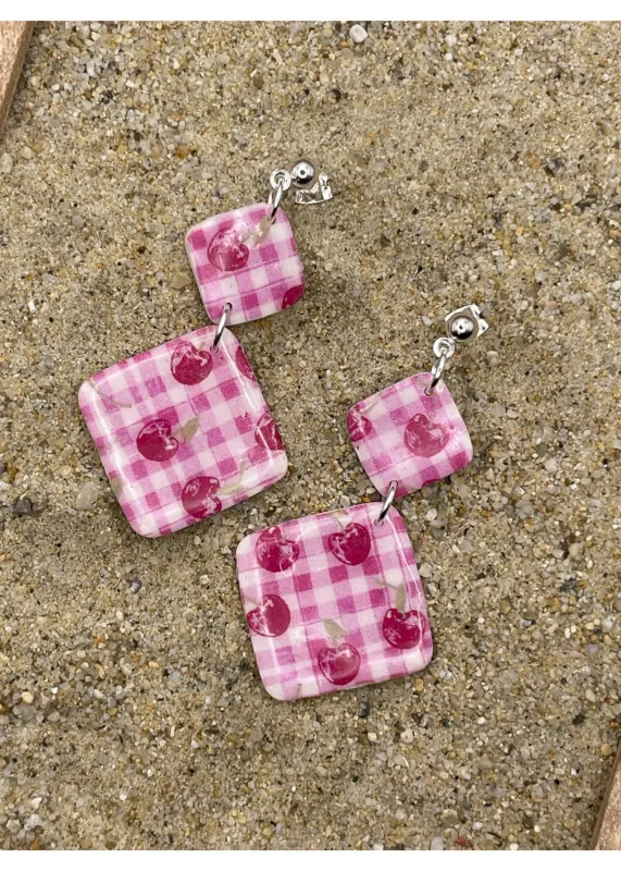 Cherry Gingham Printed Dangle Earrings sold by Modcloth